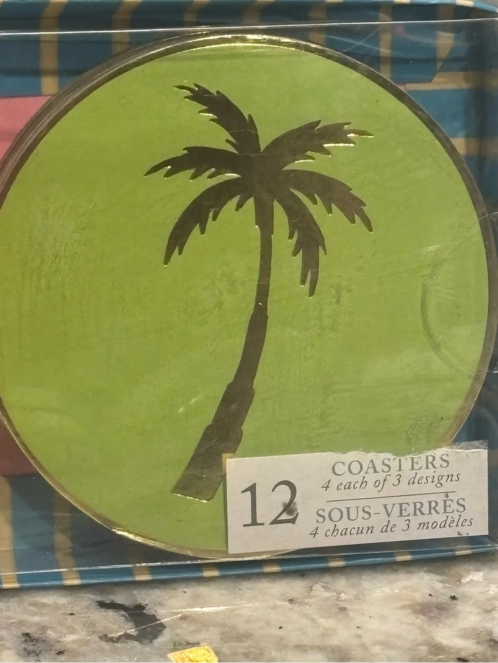 NIB Molly & Rex Tropical Flamingo Pineapple Palm Tree Coaster Set 12 Gold Foil